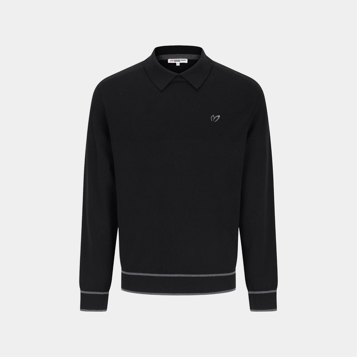 A black long-sleeve knit polo sweater with a small white embroidered logo on the left chest, displayed on a light gray background.