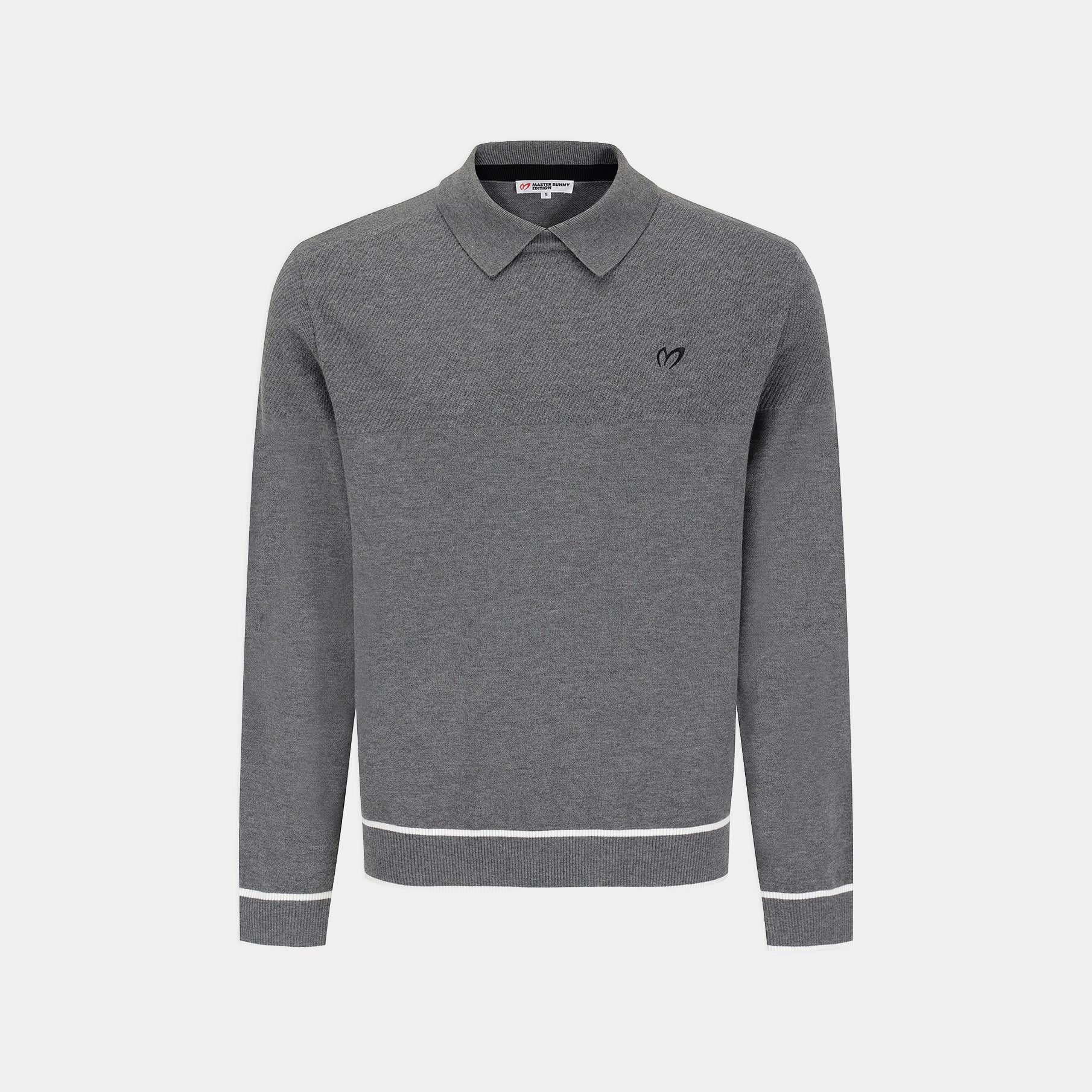 A dark gray long-sleeve knit polo sweater with a small black embroidered logo on the left chest and white contrast stitching at the hem and cuffs, shown on a light gray background.