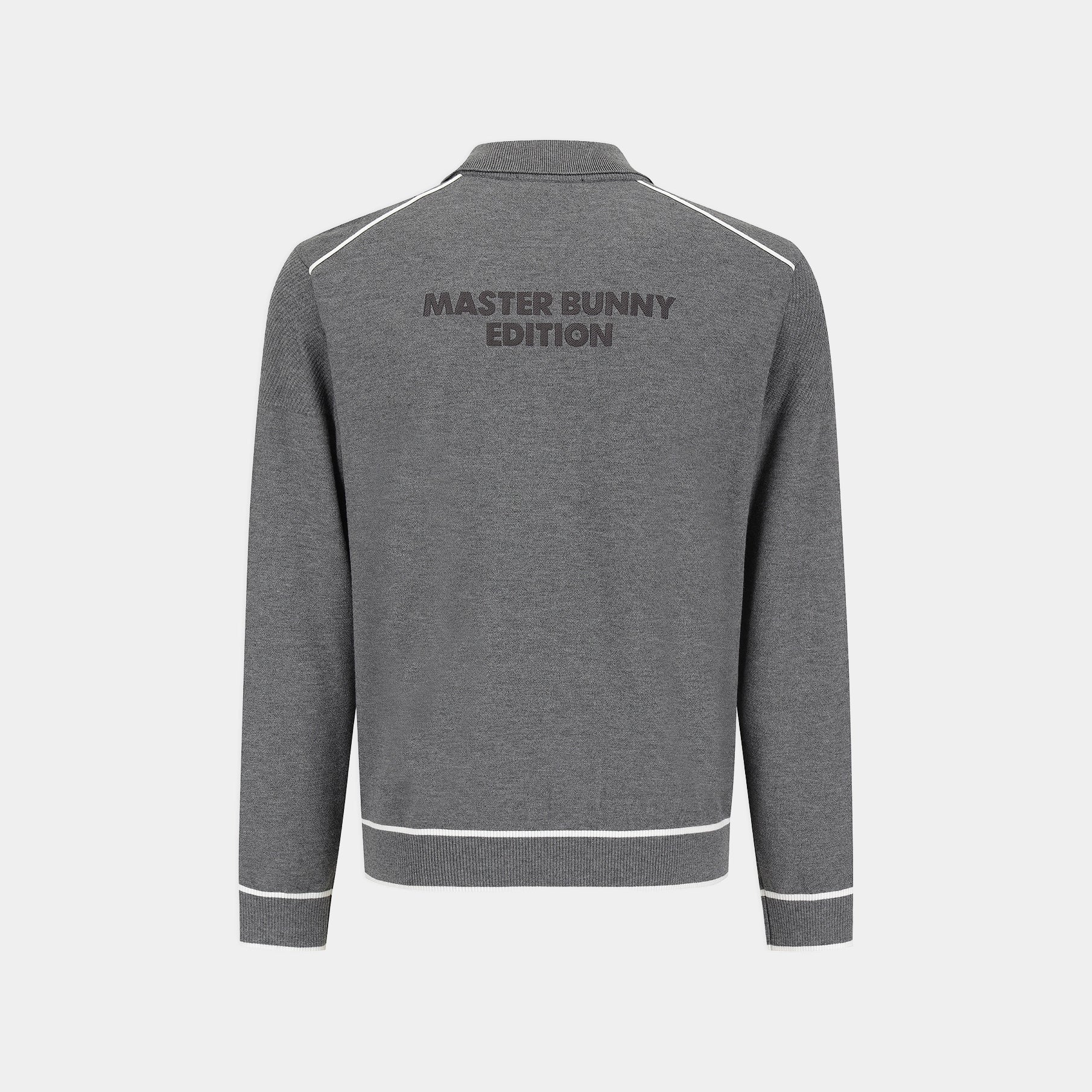 A dark gray heather pullover jacket shown from the back, featuring white contrast stitching along the shoulders, hem, and cuffs, and 'MASTER BUNNY EDITION' printed in dark gray across the upper back.