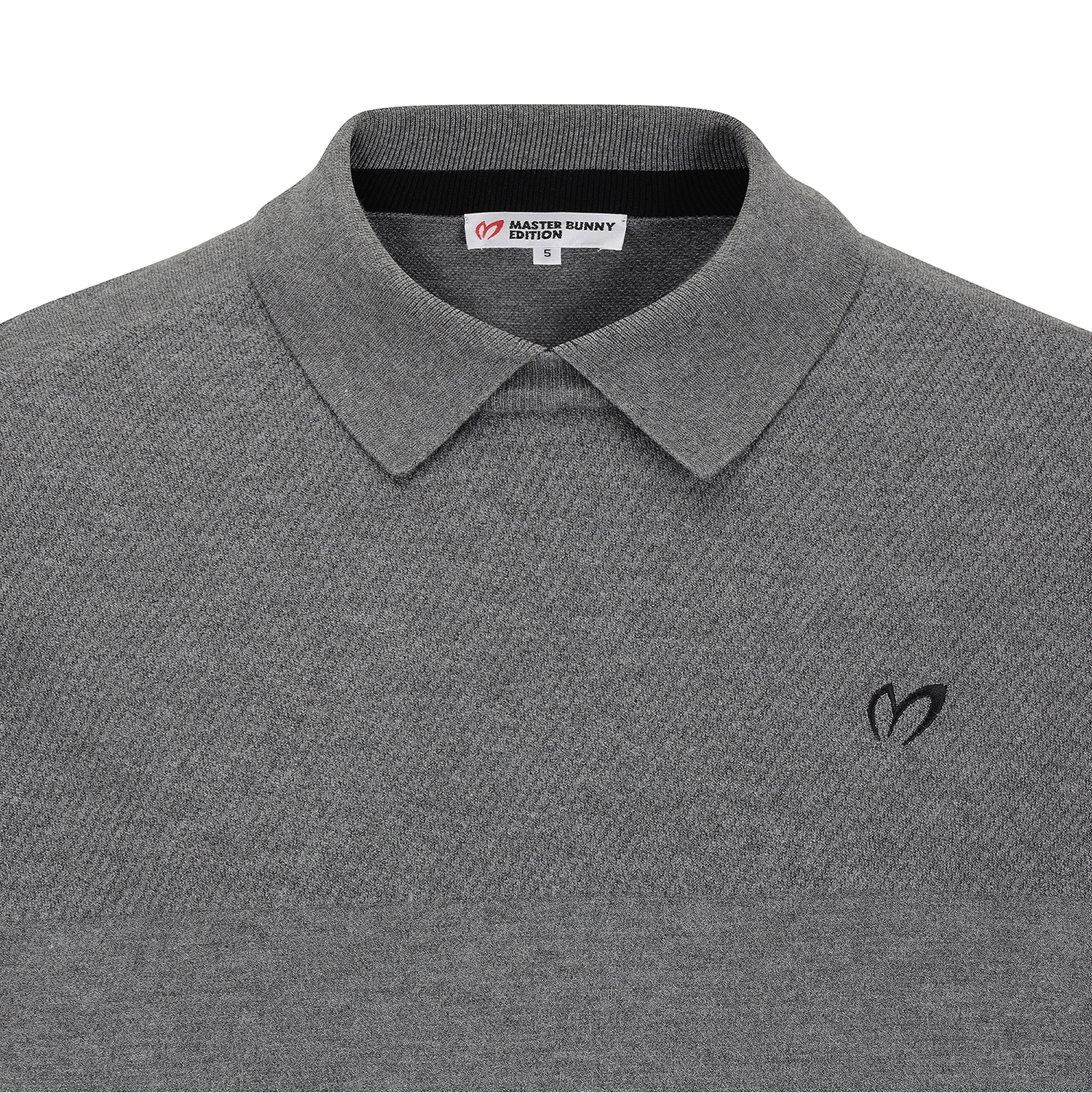 Close-up of a gray knit polo shirt collar with a small black embroidered logo on the chest and a visible neck label reading Masters Bunny Clothing.