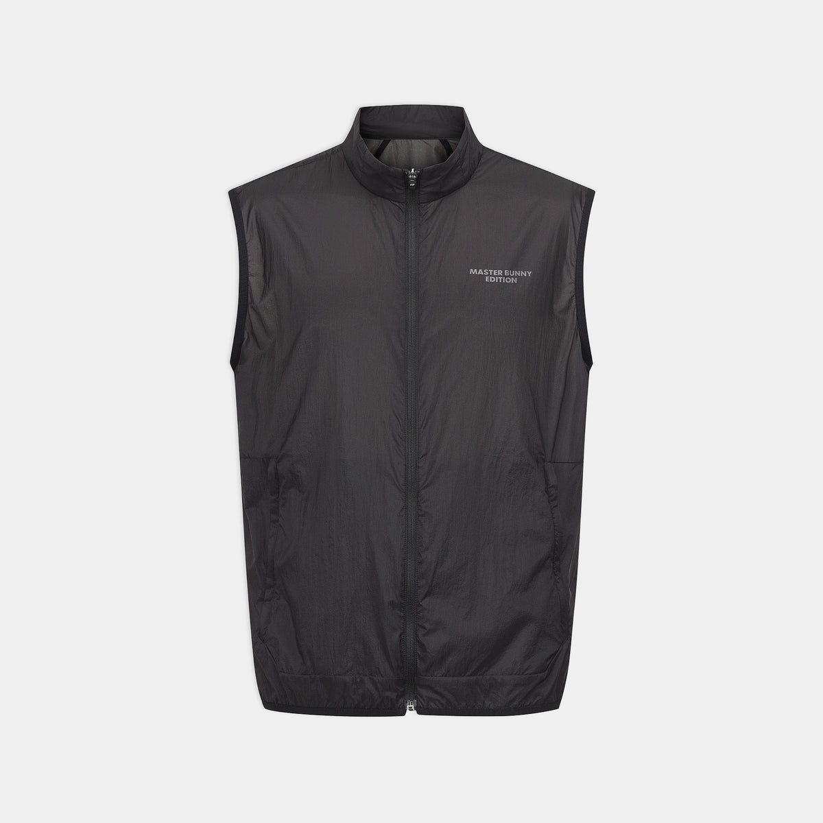 A black sleeveless zip-up puffer vest with a stand-up collar and a small white printed logo on the left chest, displayed against a light gray background.