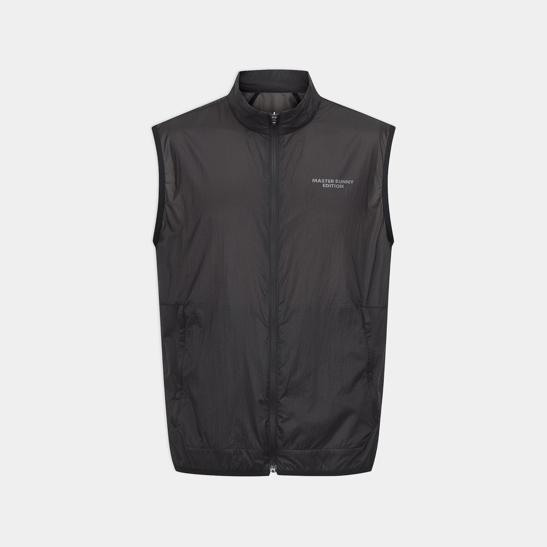 A black sleeveless zip-up puffer vest with a stand-up collar and a small white printed logo on the left chest, displayed against a light gray background.