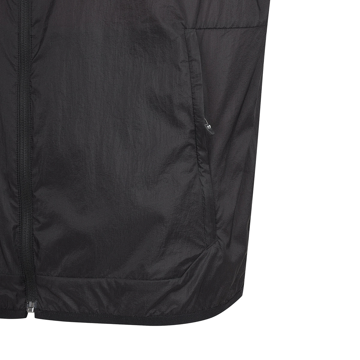Close-up detail of a black lightweight zip-front jacket or vest fabric, showing the material texture, zipper, and seam against a plain white background.
