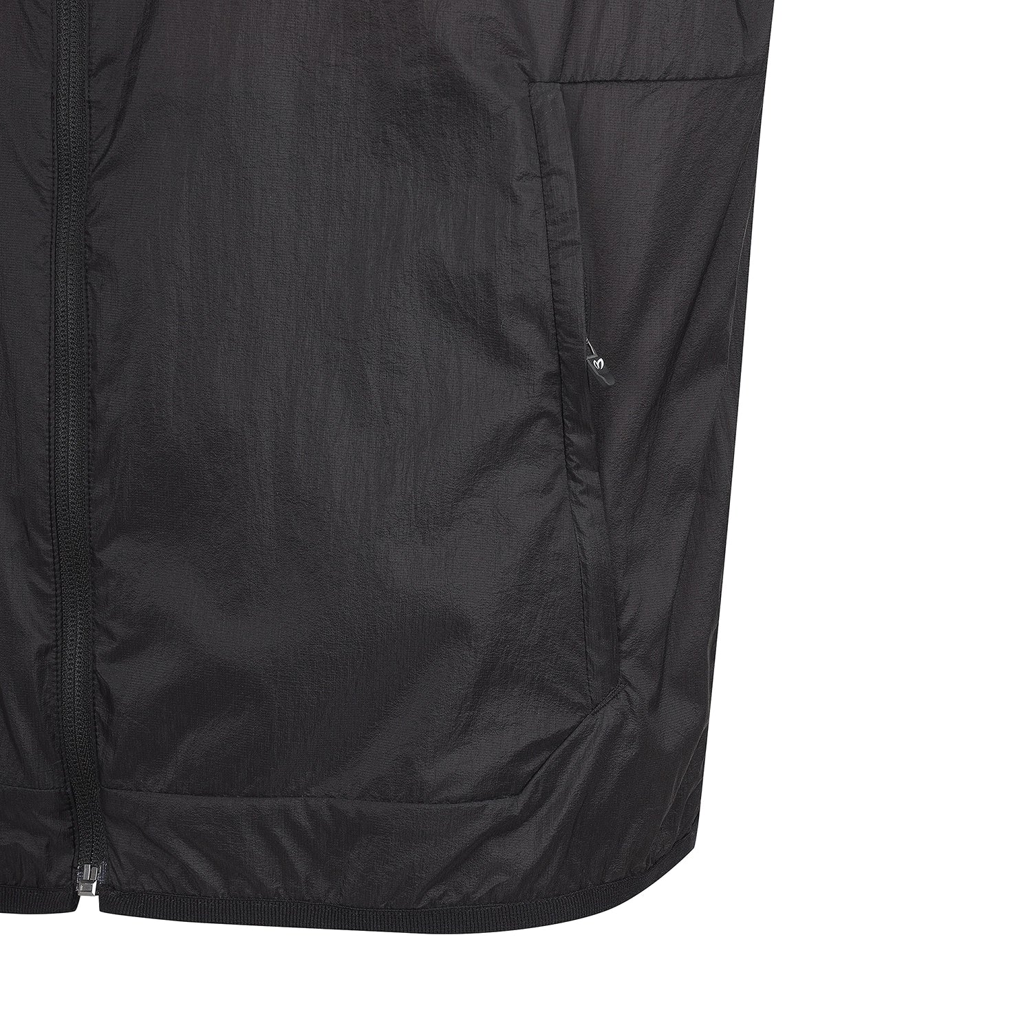 Close-up detail of a black lightweight zip-front jacket or vest fabric, showing the material texture, zipper, and seam against a plain white background.