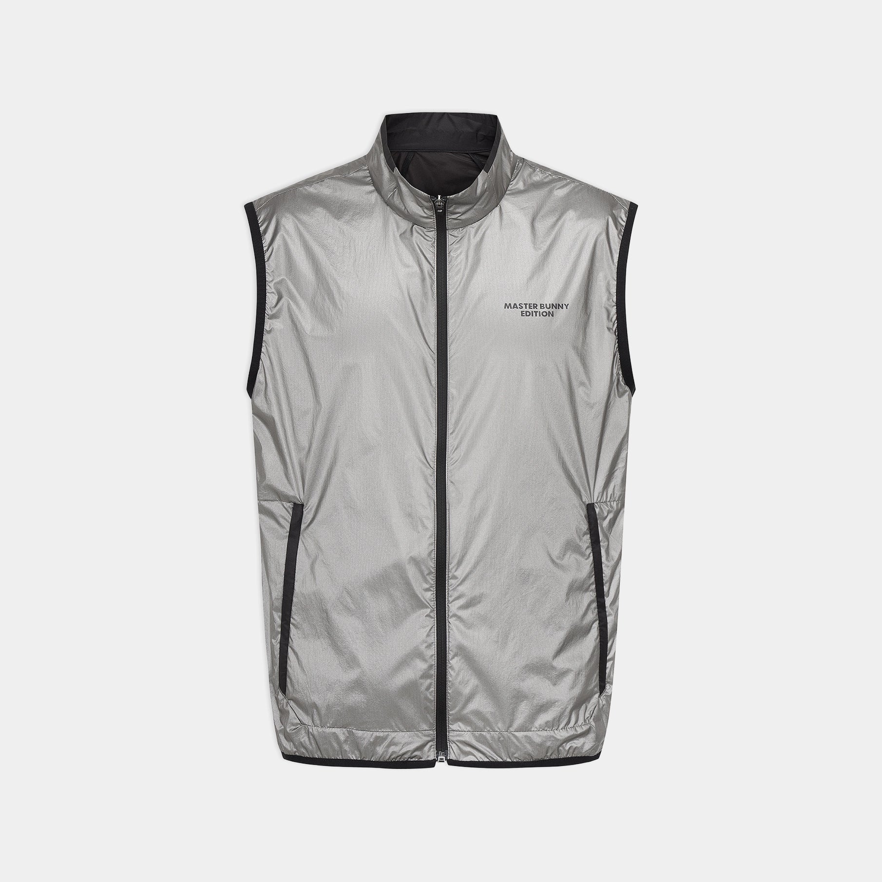 A silver lightweight zip-up vest with black trim, a black interior lining, and a small black printed logo on the left chest, displayed against a light gray background.