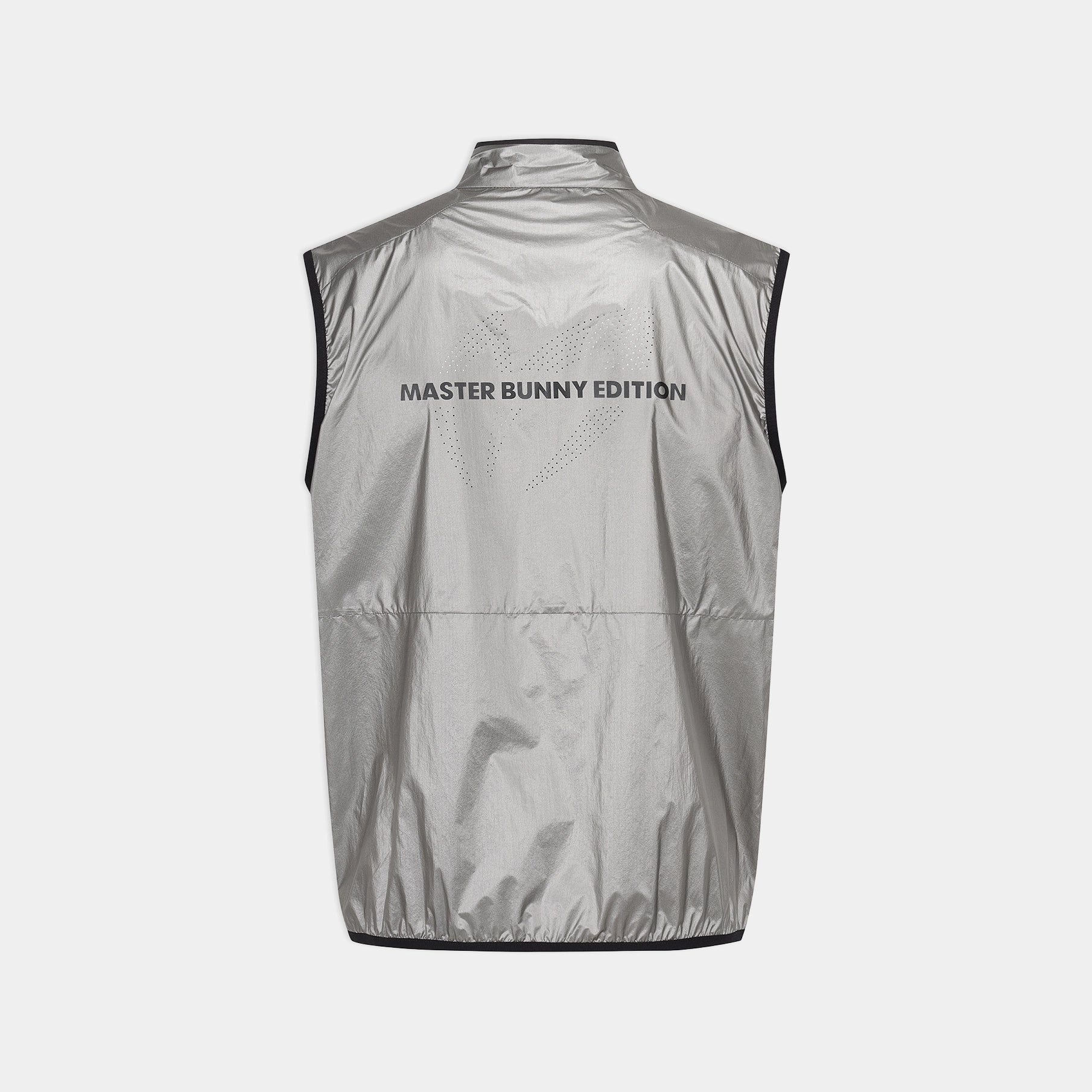 A silver reflective vest shown from the back, featuring a high collar, black trim, and the text 'MASTER BUNNY EDITION' printed across the upper back, set against a light gray background.
