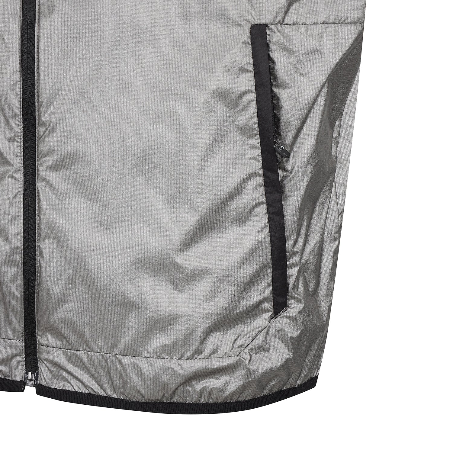 Close-up of a silver lightweight jacket showing a vertical zippered pocket with a black trim and a black zipper on the left side, set against a plain white background.