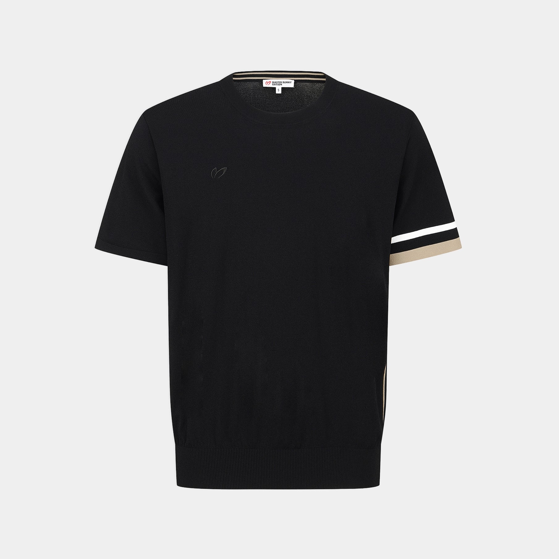 A black short-sleeve knit crewneck sweater with a small tonal embroidered logo on the left chest and beige and white striped detailing on the sleeve cuffs, shown against a light gray background.