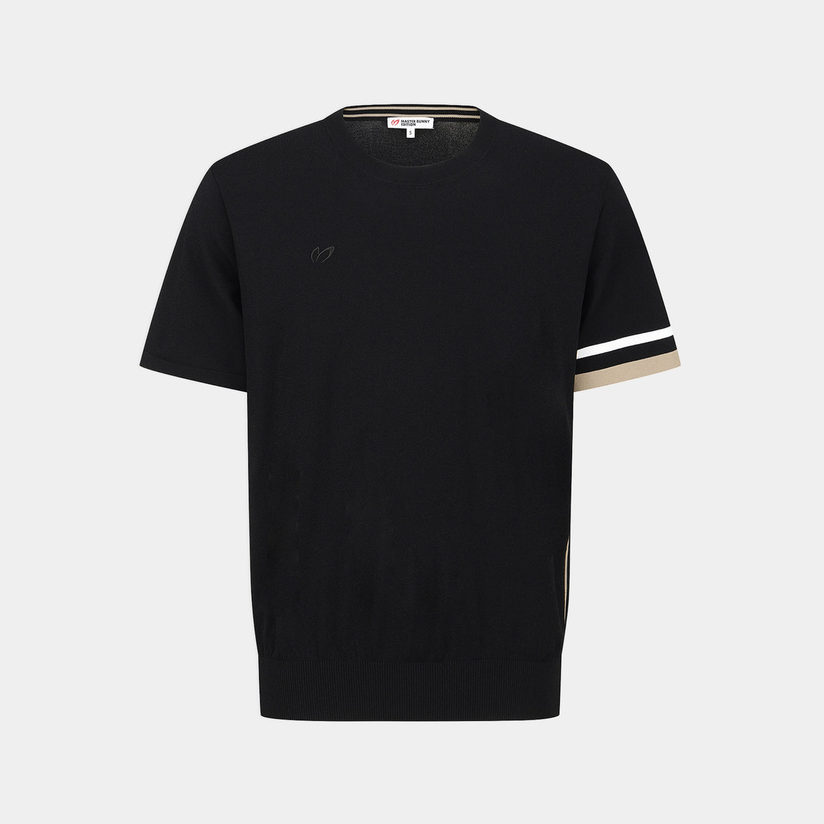 A black short-sleeve knit crewneck sweater with a small tonal embroidered logo on the left chest and beige and white striped detailing on the sleeve cuffs, shown against a light gray background.
