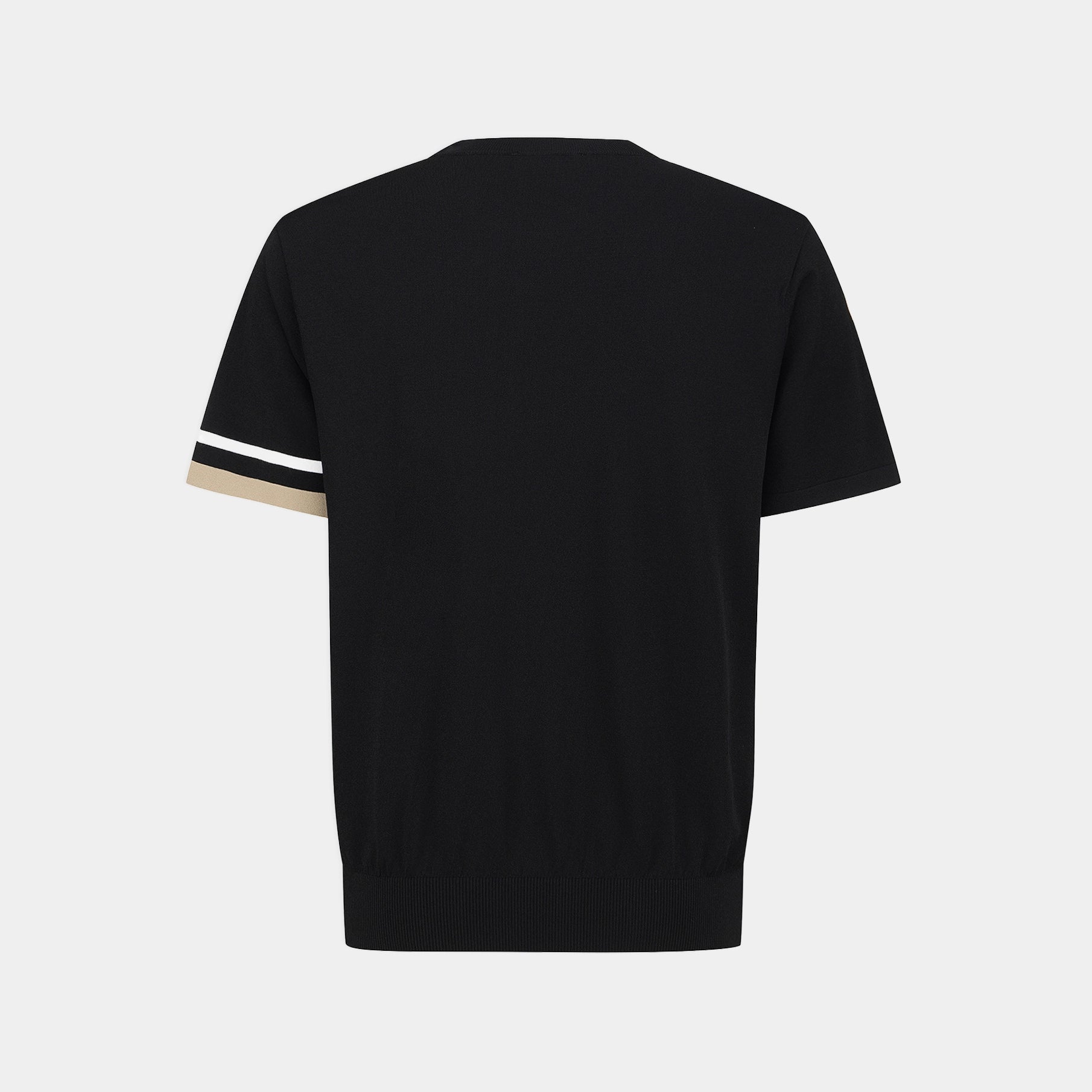 A black short-sleeve knit top shown from the back, featuring a double stripe detail on the left sleeve in white and beige, set against a light gray background.