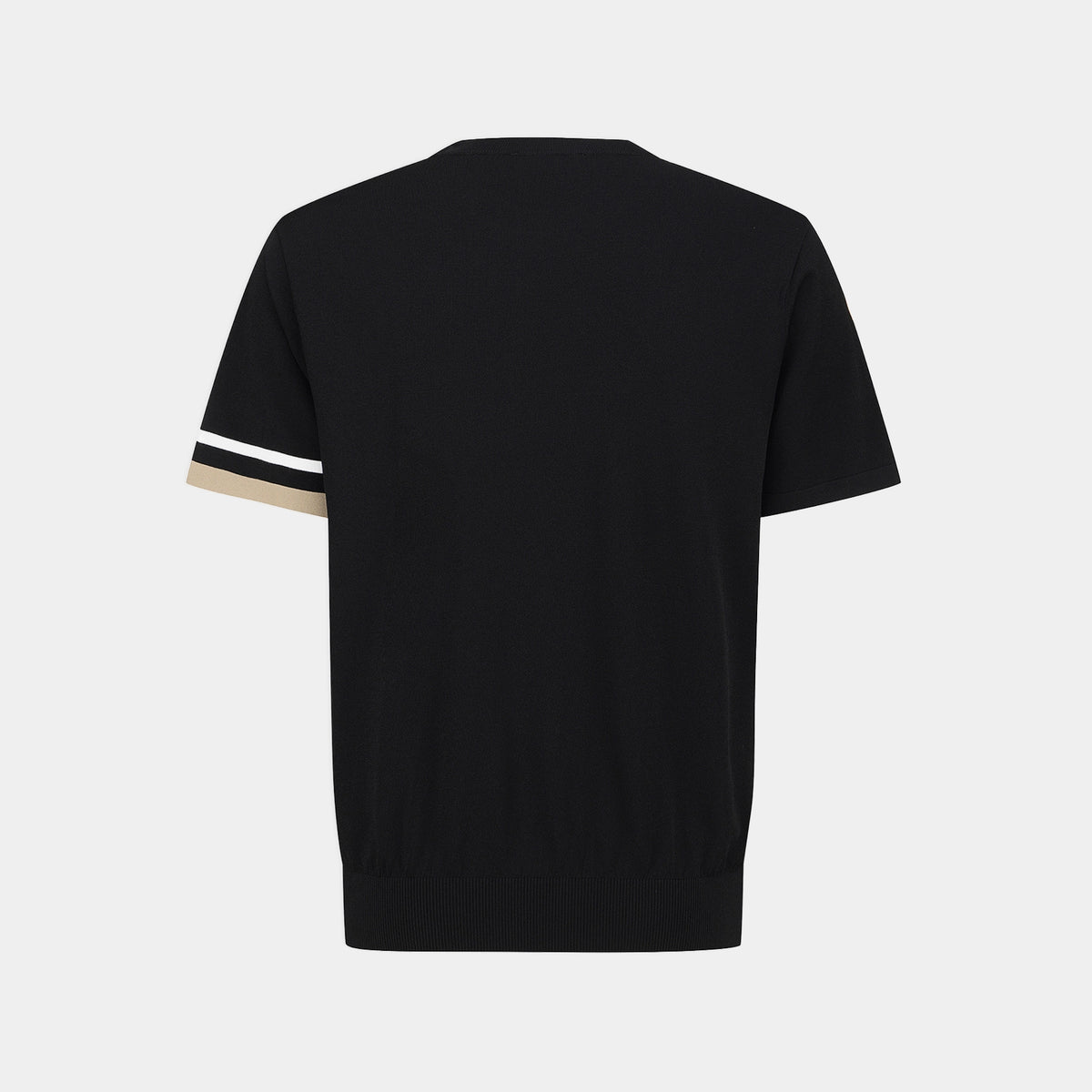 A black short-sleeve knit top shown from the back, featuring a double stripe detail on the left sleeve in white and beige, set against a light gray background.