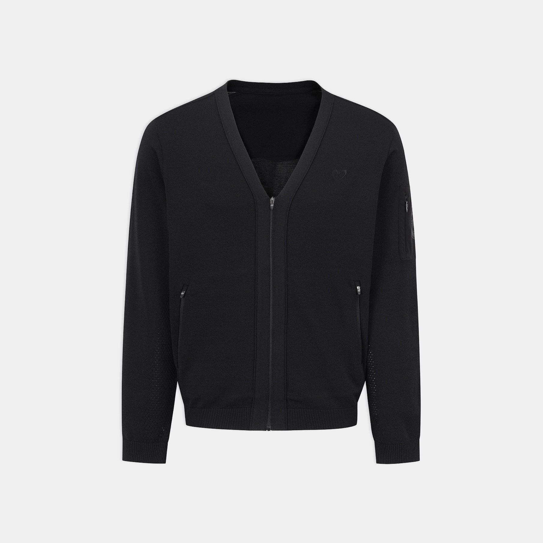 A black zip-up knit cardigan with a V-neck, ribbed cuffs and hem, and zippered hand pockets, shown on a light gray background.