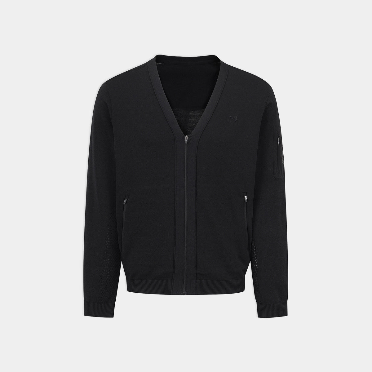 A black zip-up knit cardigan with a V-neck, ribbed cuffs and hem, and zippered hand pockets, shown on a light gray background.