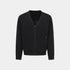 A black zip-up knit cardigan with a V-neck, ribbed cuffs and hem, and zippered hand pockets, shown on a light gray background.