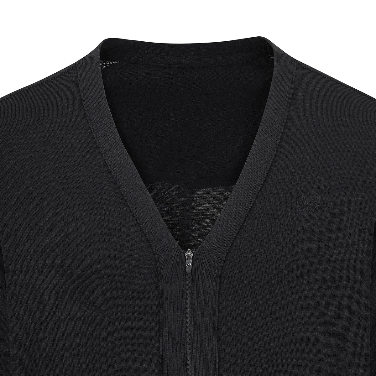 Close-up of a black zip-up vest with a V-neck collar, featuring a subtle tonal heart logo on the left chest.