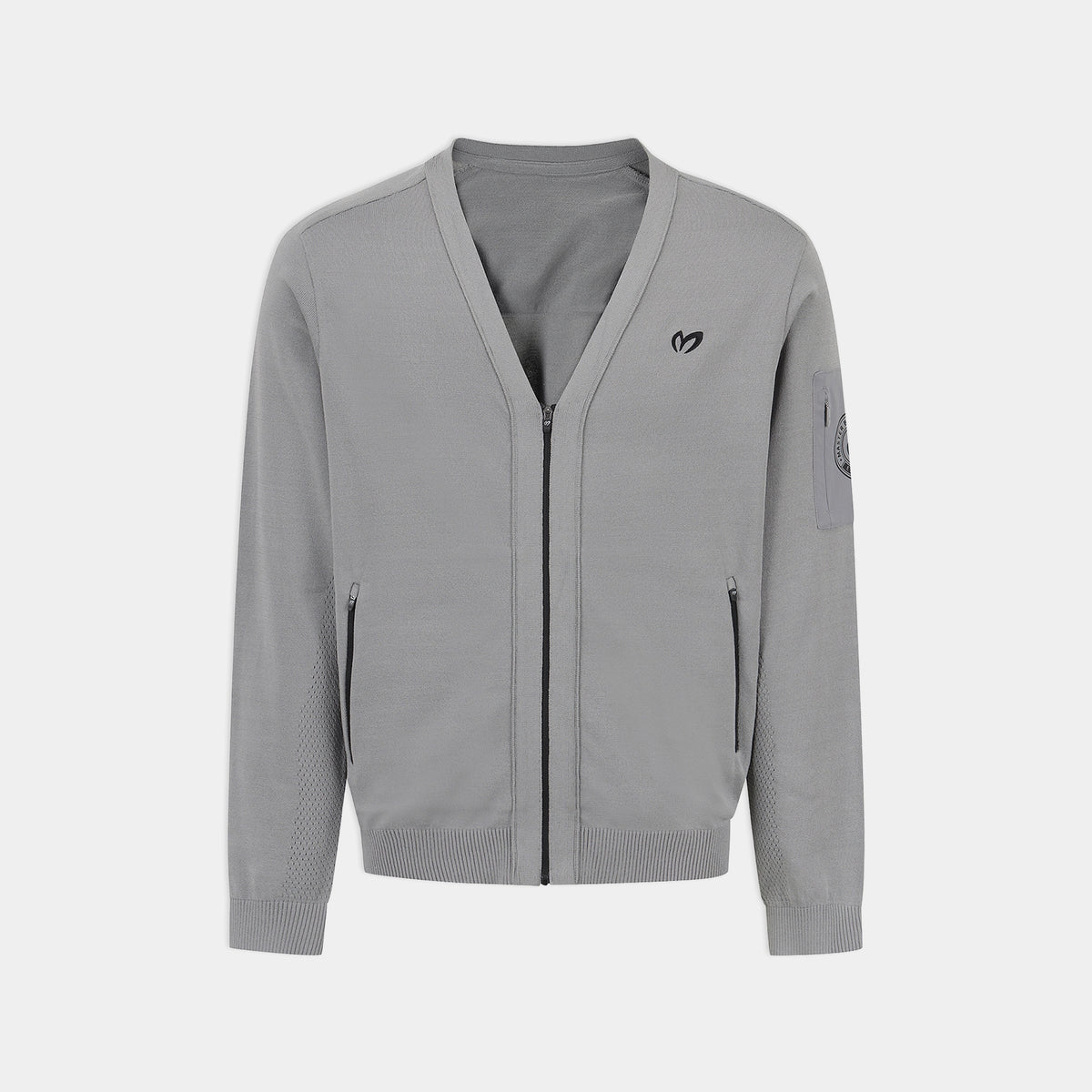 A light gray zip-up cardigan sweater with a V-neck, ribbed cuffs and hem, featuring a small black embroidered logo on the left chest and a sleeve patch, shown against a plain light gray background.