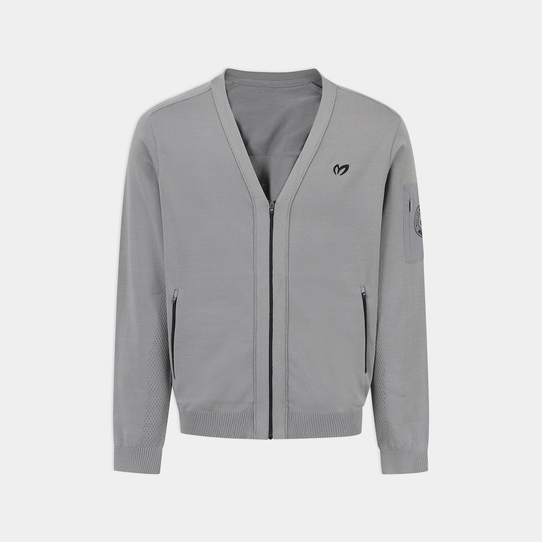 A light gray zip-up cardigan sweater with a V-neck, ribbed cuffs and hem, featuring a small black embroidered logo on the left chest and a sleeve patch, shown against a plain light gray background.