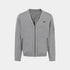 A light gray zip-up cardigan sweater with a V-neck, ribbed cuffs and hem, featuring a small black embroidered logo on the left chest and a sleeve patch, shown against a plain light gray background.