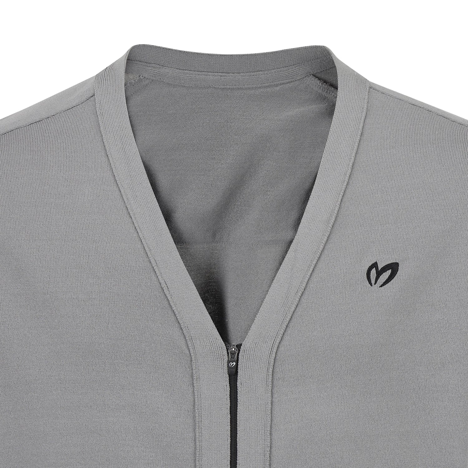 Close-up of a light gray zip-up athletic top with a V-neck collar and a small black logo on the left chest, shown against a white background.