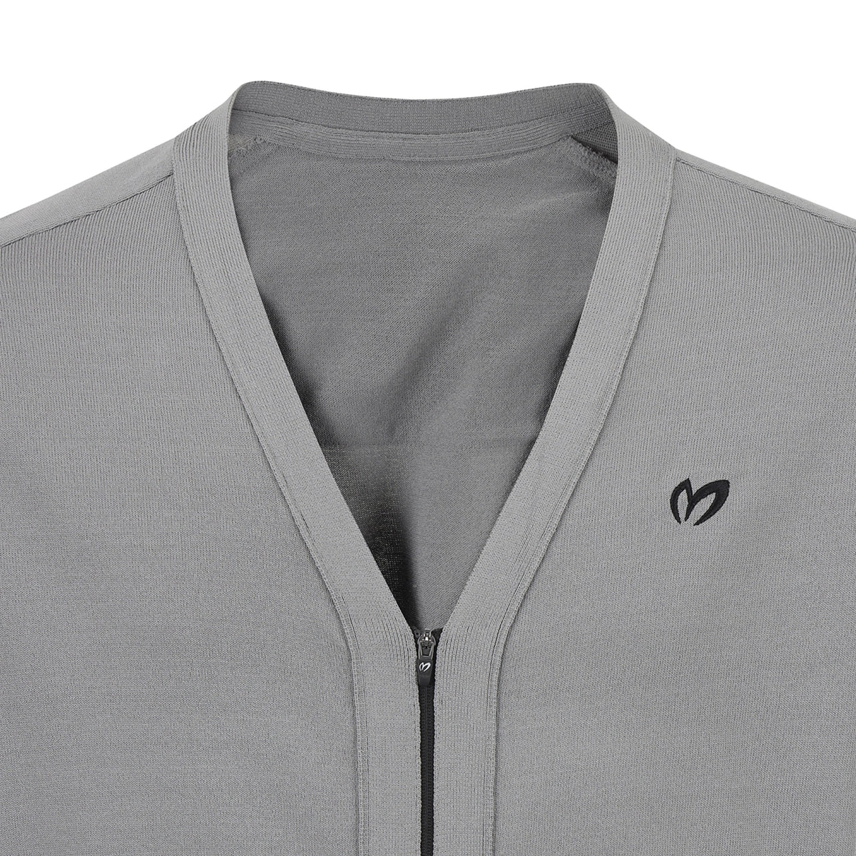 Close-up of a light gray zip-up athletic top with a V-neck collar and a small black logo on the left chest, shown against a white background.