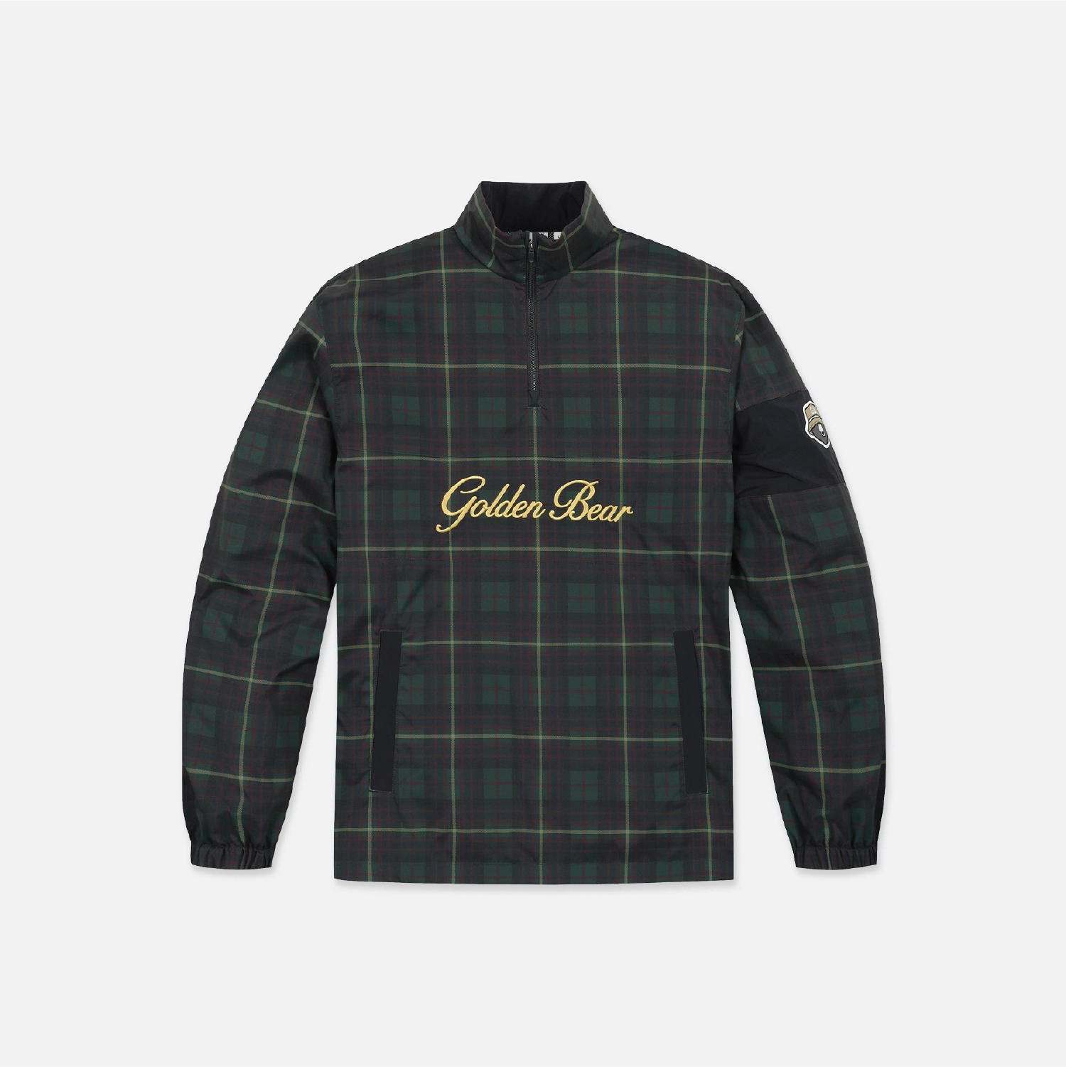A Golden Bear brand quarter-zip pullover jacket featuring a dark green and black tartan plaid pattern with thin yellow lines, a gold script 'Golden Bear' logo on the chest, and black zippered hand pockets.