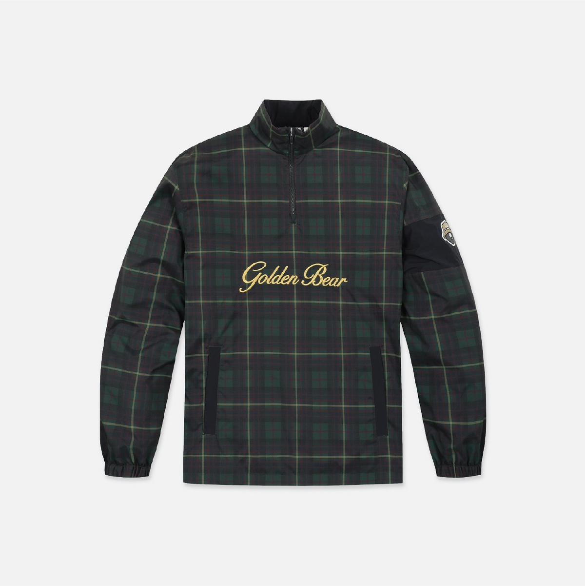 A Golden Bear brand quarter-zip pullover jacket featuring a dark green and black tartan plaid pattern with thin yellow lines, a gold script 'Golden Bear' logo on the chest, and black zippered hand pockets.