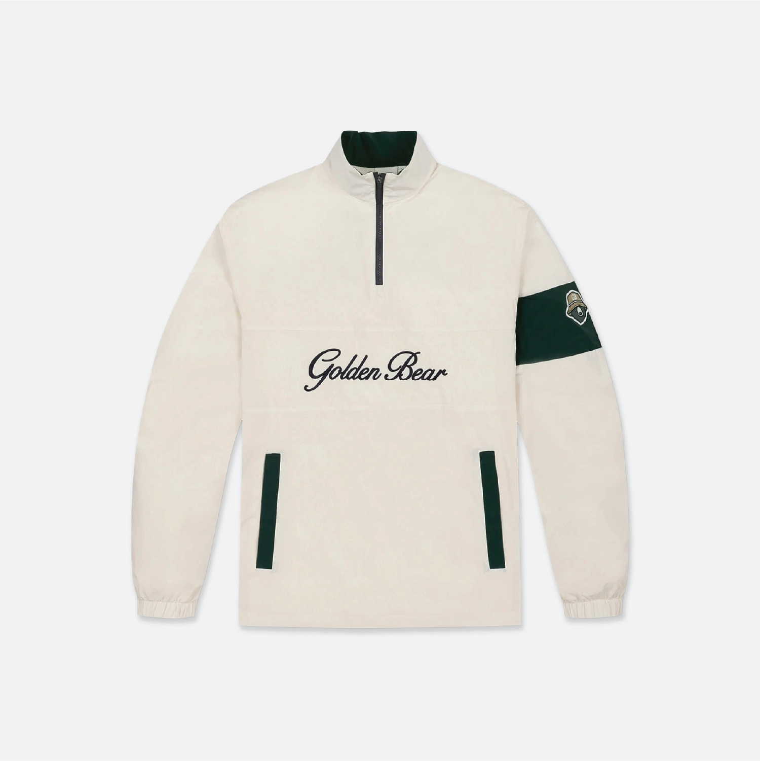 An off-white quarter-zip pullover sweatshirt with dark green accents, featuring 'Golden Bear' embroidered in black script across the chest and a dark green sleeve patch with a bear logo.