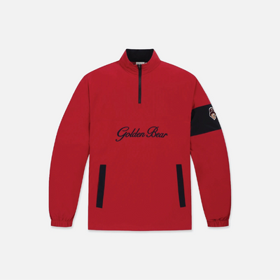A red half-zip pullover jacket with black accents, featuring 'Golden Bear' embroidered in black script across the chest and a black armband patch on the right sleeve, shown against a light gray background.