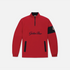 A red half-zip pullover jacket with black accents, featuring &