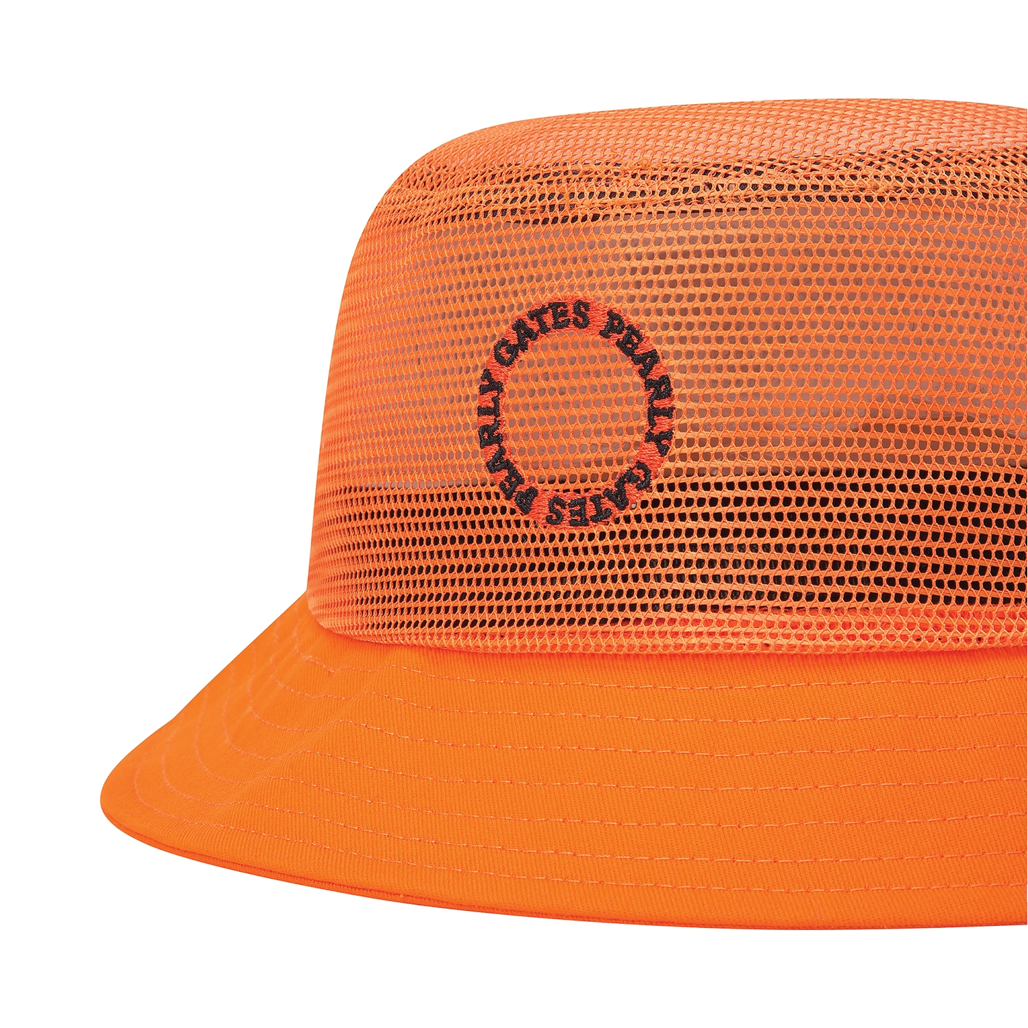 Close-up of a bright orange mesh trucker hat with a matching orange visor and a circular black embroidered logo reading 'PEARLY GATES' on the front.