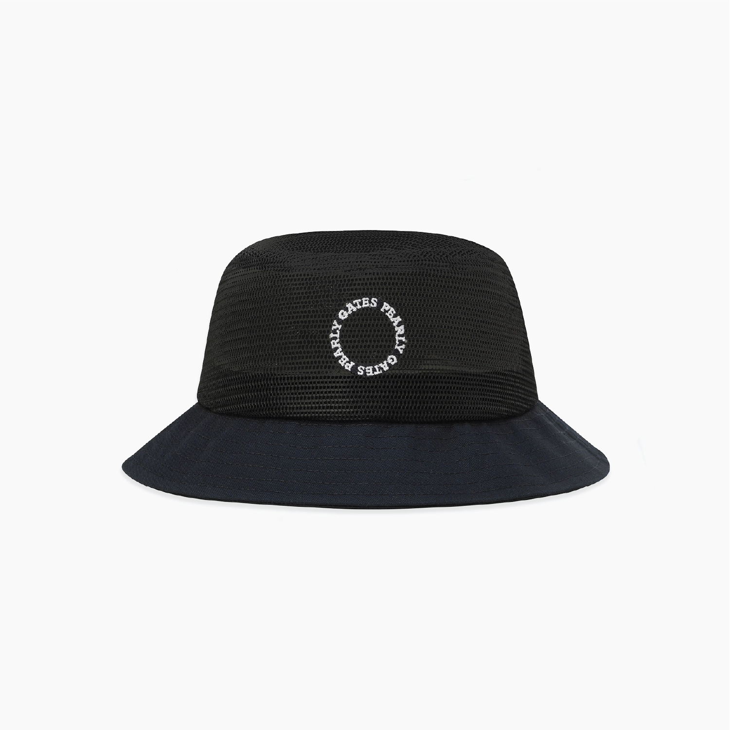 A black bucket hat with a white circular logo on the front, displayed against a clean white background.