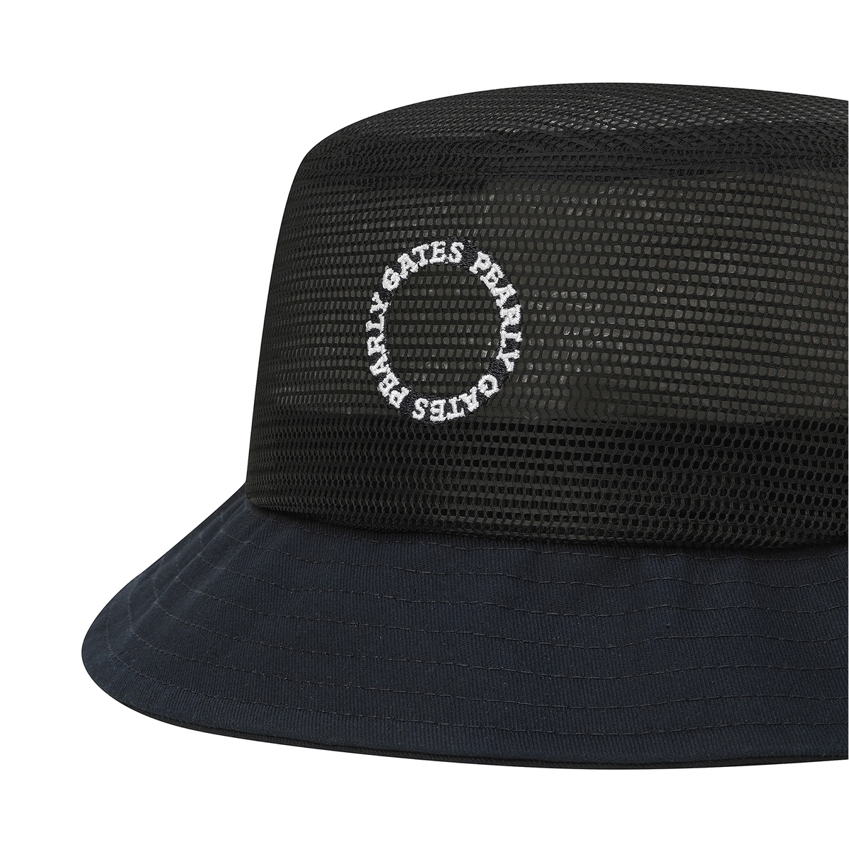 A close-up of a black mesh bucket hat with a white circular embroidered logo reading 'PEARLS GATES' on the front panel, set against a plain white background.