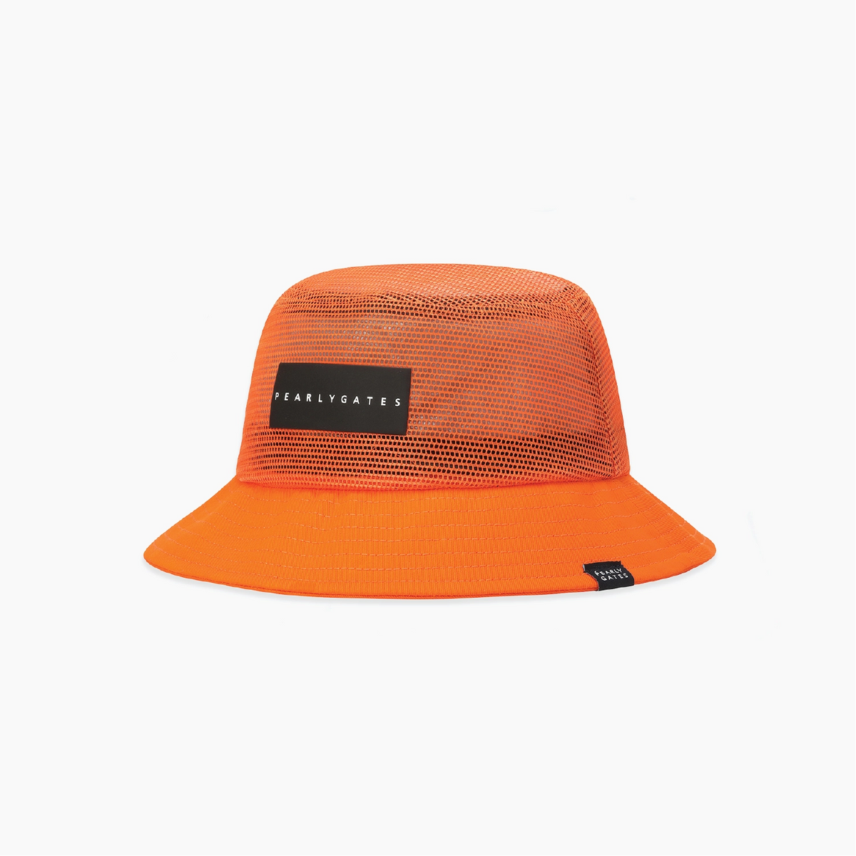 An orange mesh bucket hat with a black rectangular patch on the front reading 'PEARLYGATES' and a small black brand tag on the brim, shown against a plain white background.