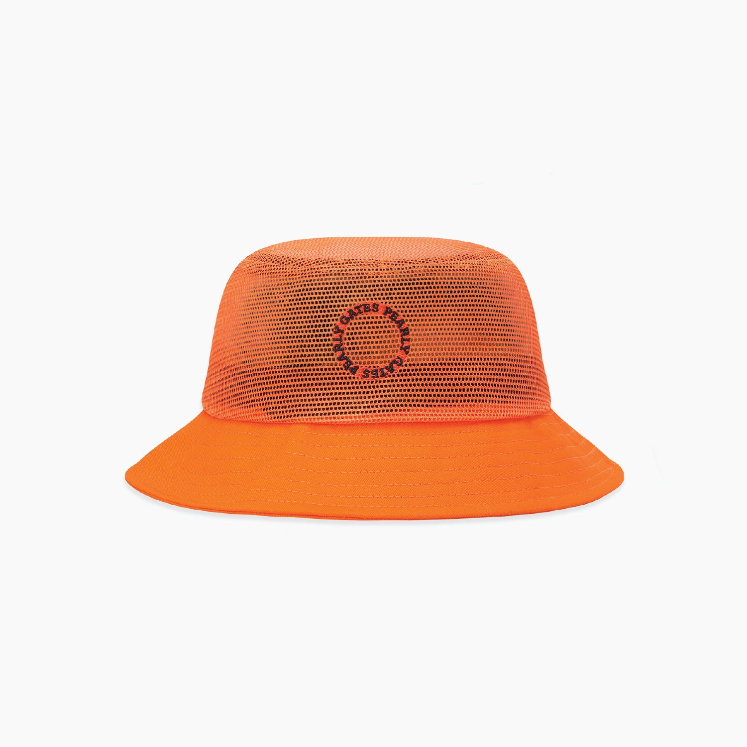 An orange mesh bucket hat with a solid orange brim, featuring a circular embroidered logo on the front mesh panel.