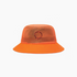 An orange mesh bucket hat with a solid orange brim, featuring a circular embroidered logo on the front mesh panel.