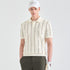 A male model wearing a cream-colored short-sleeve polo shirt with vertical brown stripes and &