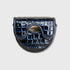 A glossy crocodile-embossed leather OZ1 putter cover in dark navy blue, featuring a distinctive wavy cutout detail on the front flap, set against a solid light gray background.