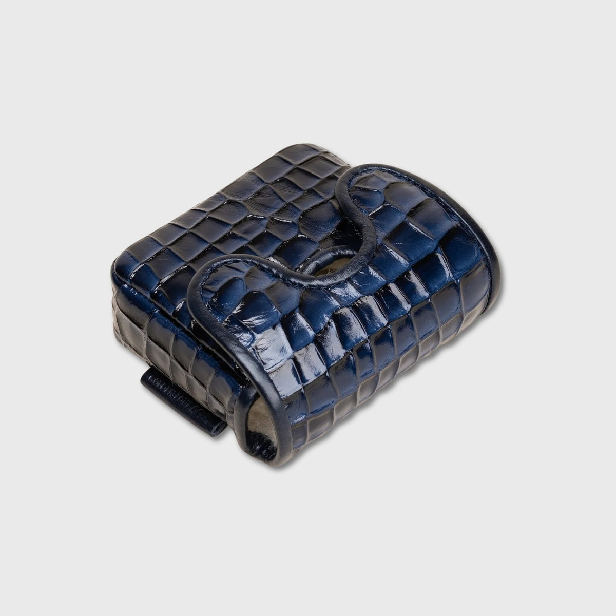 A dark navy blue crocodile-embossed leather ZT Spider putter cover with a glossy finish, shown on a light gray background.