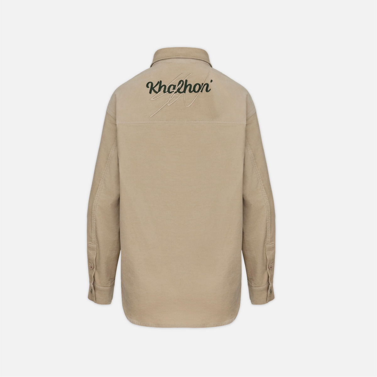 A beige long-sleeve button-up shirt shown from the back, featuring the brand name 'Khalhon' embroidered in black script across the upper back.