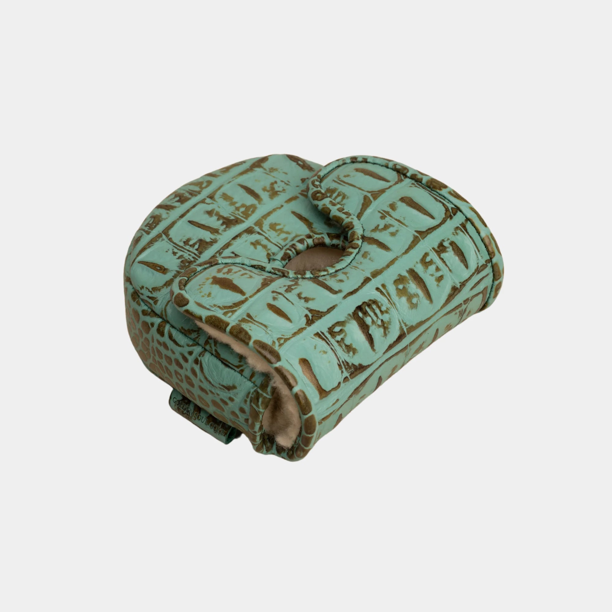 A  center df3 putter cover with a crocodile skin pattern in mint green and brown, featuring a central cutout and a strap closure, shown on a light gray background.