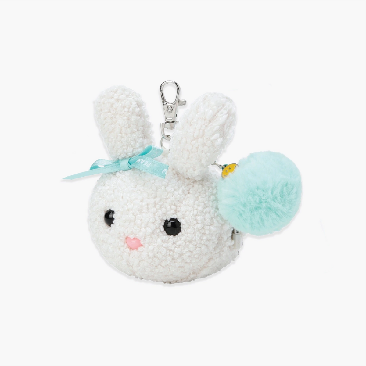 A white plush bunny keychain charm with long ears, a light blue ribbon bow, a small pink nose, black bead eyes, and a mint green pom-pom accent, attached to a silver clasp on a plain white background.
