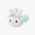 A white plush bunny keychain charm with long ears, a light blue ribbon bow, a small pink nose, black bead eyes, and a mint green pom-pom accent, attached to a silver clasp on a plain white background.