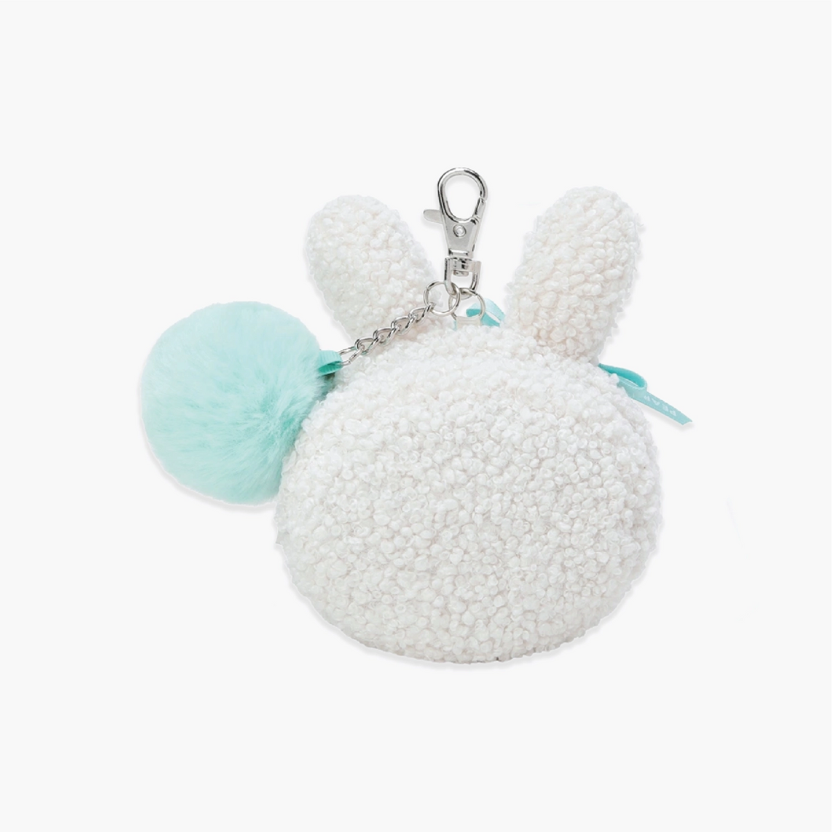 A white textured plush bunny keychain with upright ears, a mint green pom-pom, and a silver metal clasp on a plain white background.