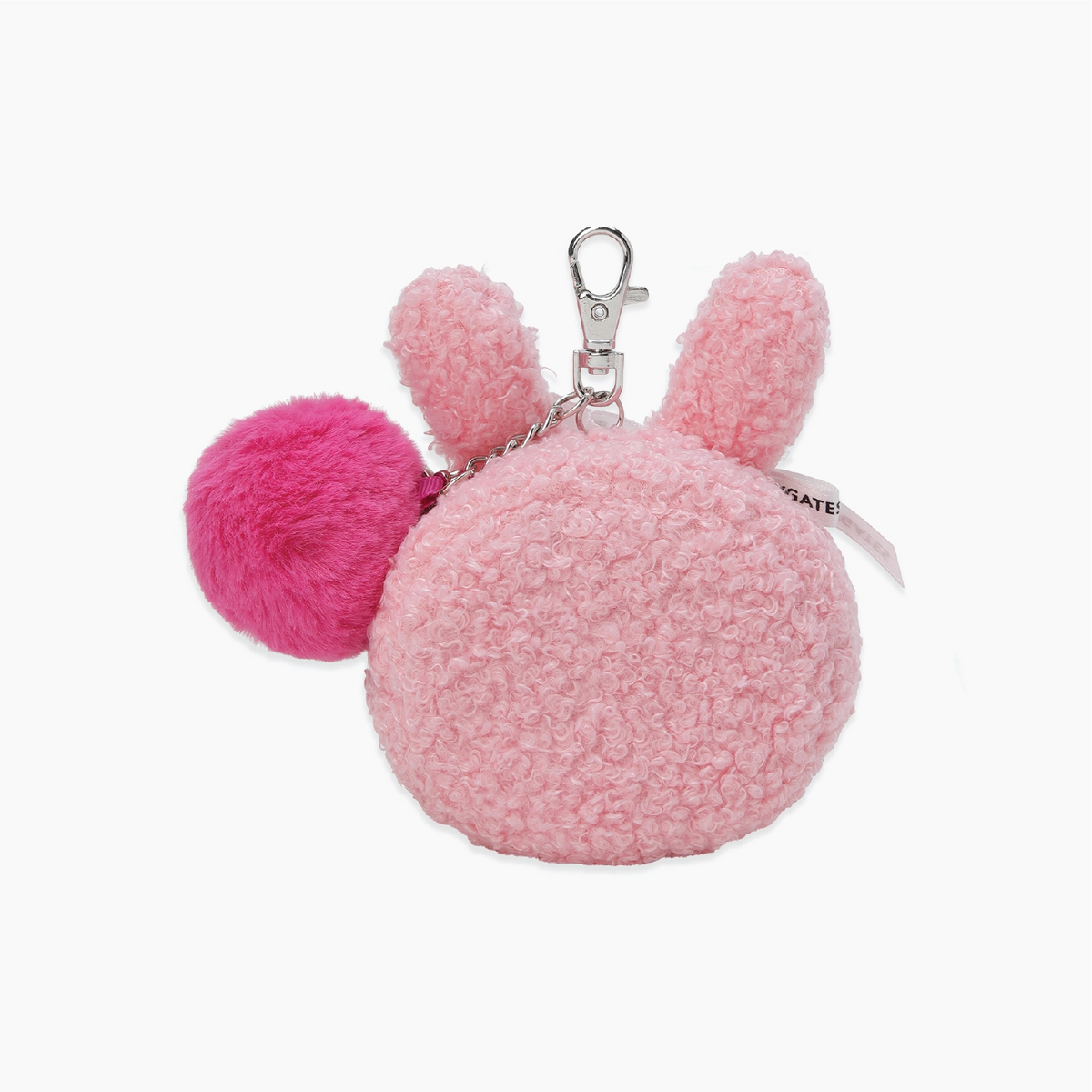 A pink fuzzy bunny-shaped keychain pouch with upright ears, a bright pink pom-pom, and a silver metal clasp on a plain white background.