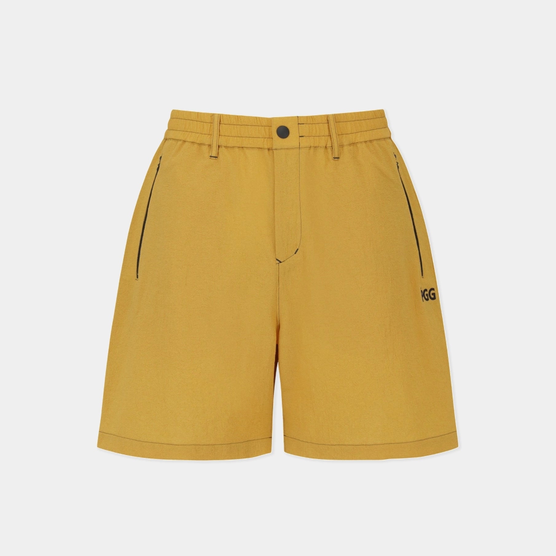 A pair of mustard yellow shorts with black zipper details on the sides and a small black 'KG' logo on the lower left leg, displayed against a light gray background.
