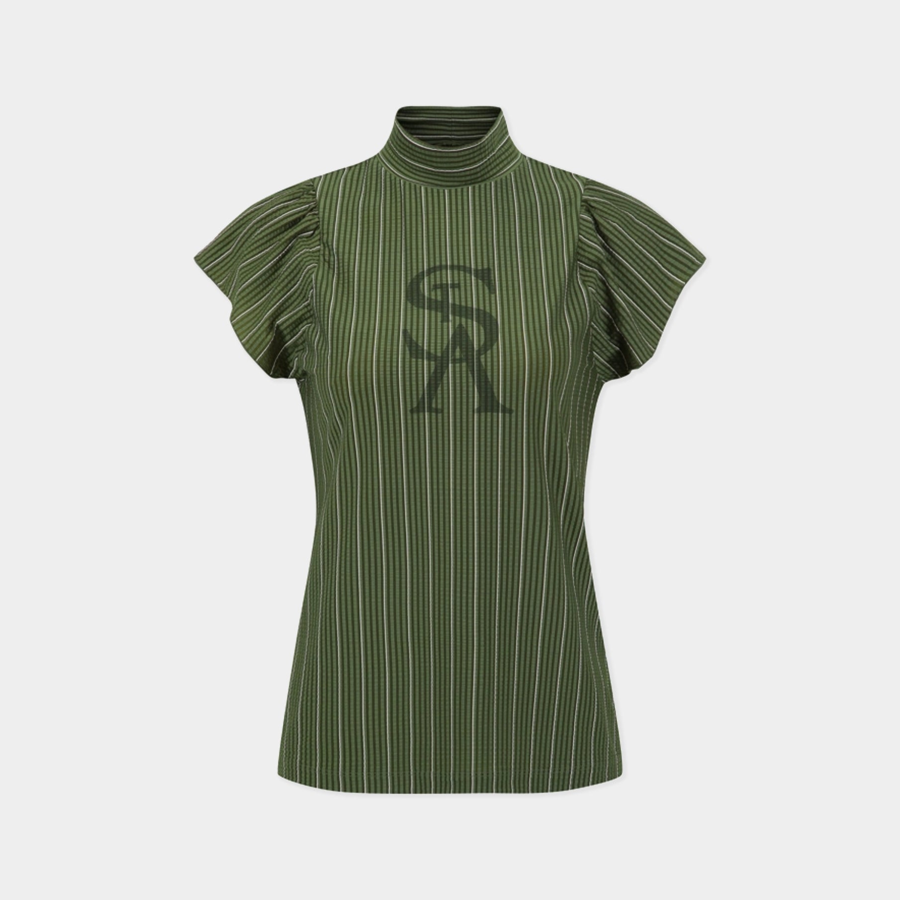 An olive green short-sleeve top with vertical pinstripes and a dark green 'SA' monogram on the chest, displayed on a neutral light gray background.