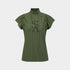 An olive green short-sleeve top with vertical pinstripes and a dark green &