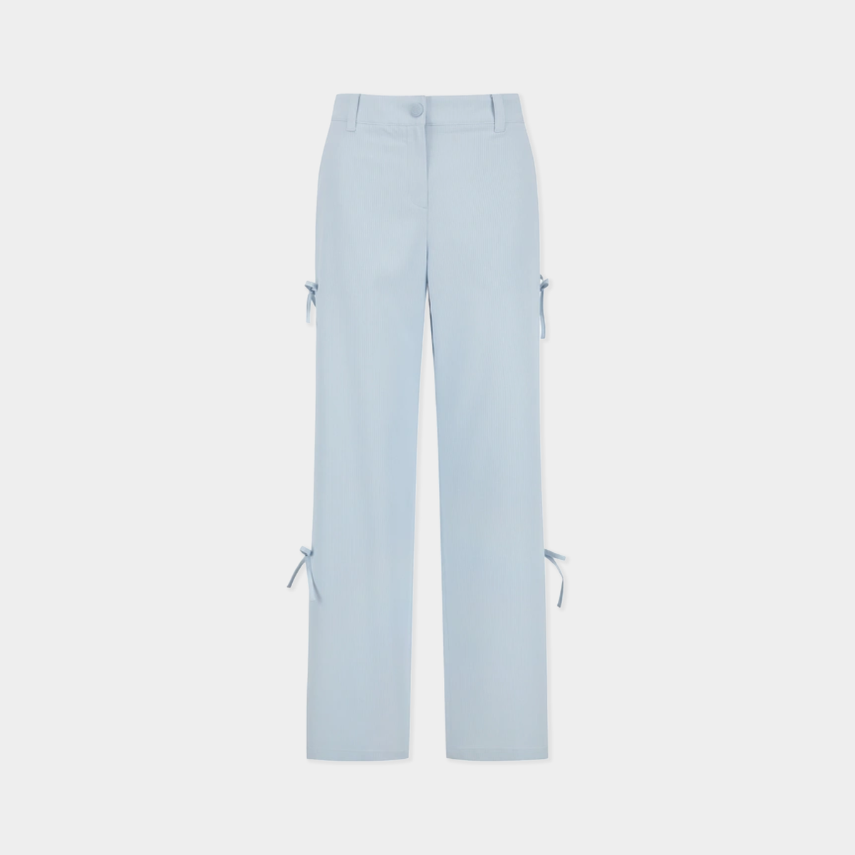 Light blue wide-leg trousers with side tie details on the upper thighs and lower hems, shown flat against a light gray background.