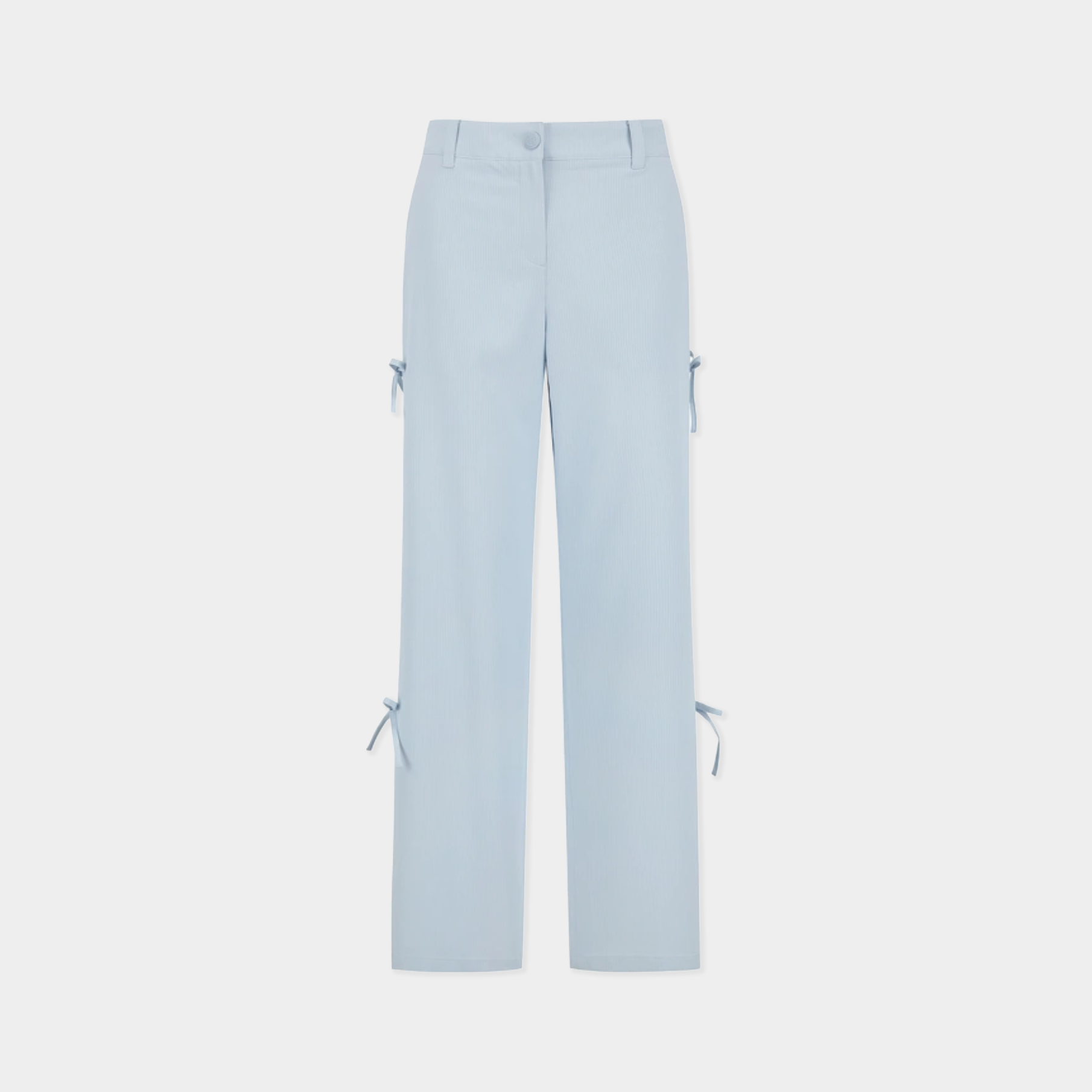 Light blue wide-leg trousers with side tie details on the upper thighs and lower hems, shown flat against a light gray background.