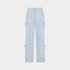 Light blue wide-leg trousers with side tie details on the upper thighs and lower hems, shown flat against a light gray background.